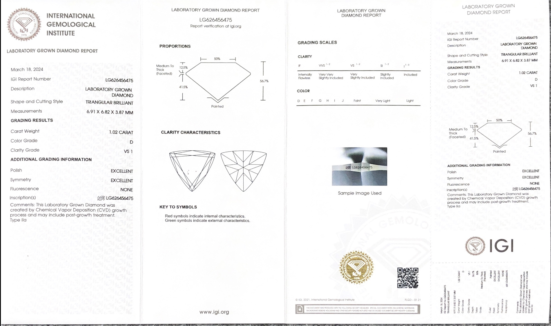 Messi Jewlery Lab Diamond CVD TRIANGULAR BRILLIANT 1.02CT D VS1 LG626456475 7