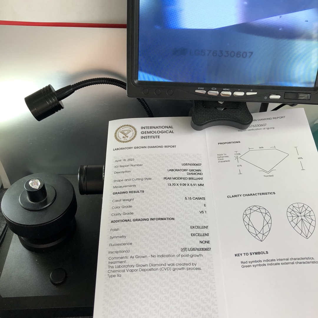 Ipasibo ang Cut Pear Shape 5.15carat E VS1 EX EX CVD Lab Diamond nga adunay IGI certificate LG576330607 13