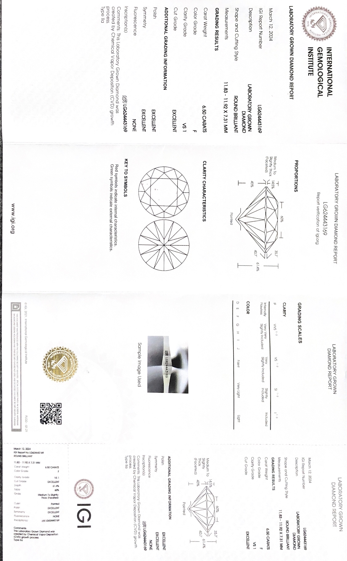 IGI Round Brilliant 6.50 CT F VS1 3EX Lab Grown Diamond CVD LG624443169 8