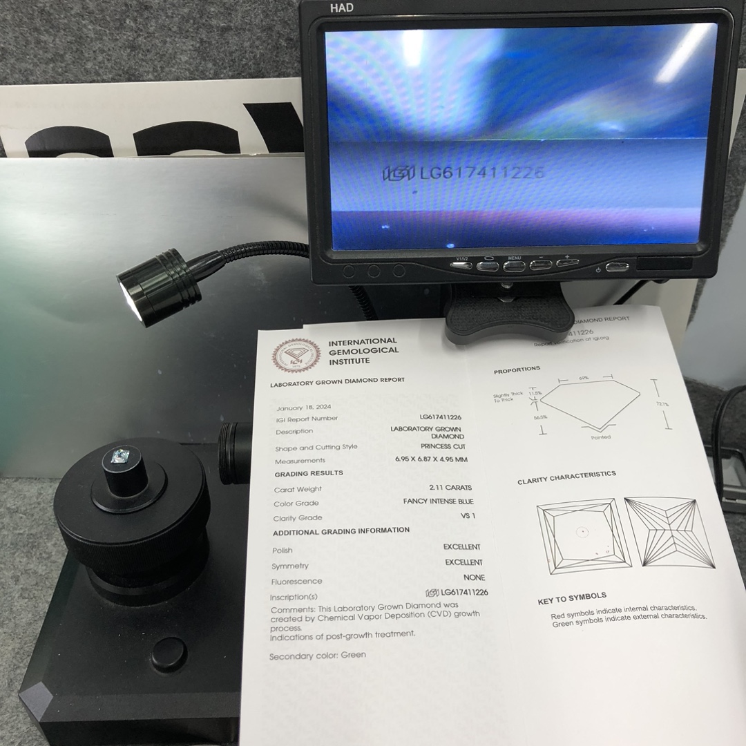 Messi Jewelry Princess Cut 2.11CT VS1  EX EX Fancy Intense Blue CVD Lab Diamond with IGI Certificate LG617411228 13