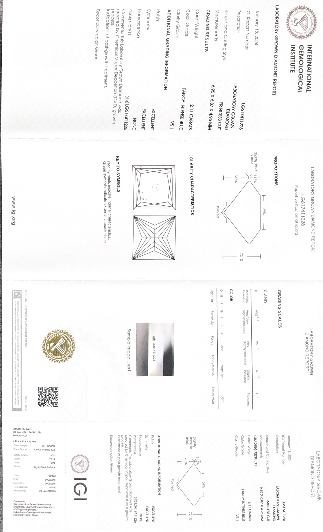 Messi Jewelry Princess Cut 2.11CT VS1  EX EX Fancy Intense Blue CVD Lab Diamond with IGI Certificate LG617411228 9