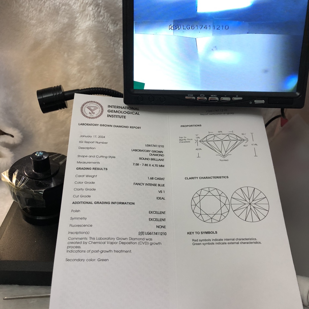 Barang Kemas Messi Potongan Bulat 1.68CT VS1 ID EX EX Berlian Makmal CVD Biru Intense Fancy dengan Sijil IGI LG617411210 13