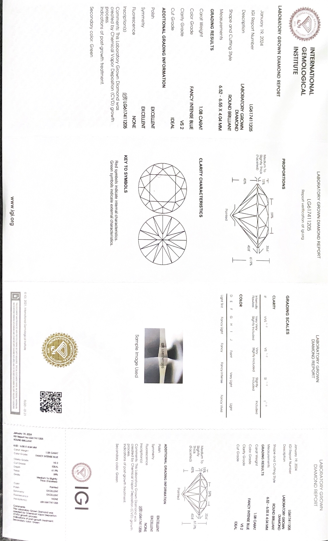 IGI Lab Grown Diamond CVD LG617411205 FANCY INTENSE BLUE ROUND 1.08CT VS2 ID EX EX 7