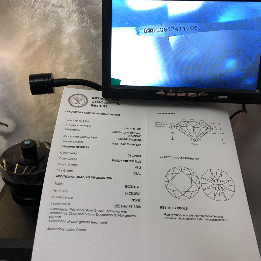 IGI Lab Grown Diamond CVD LG617411205 FANCY INTENSE BLUE ROUND 1.08CT VS2 ID EX EX 11