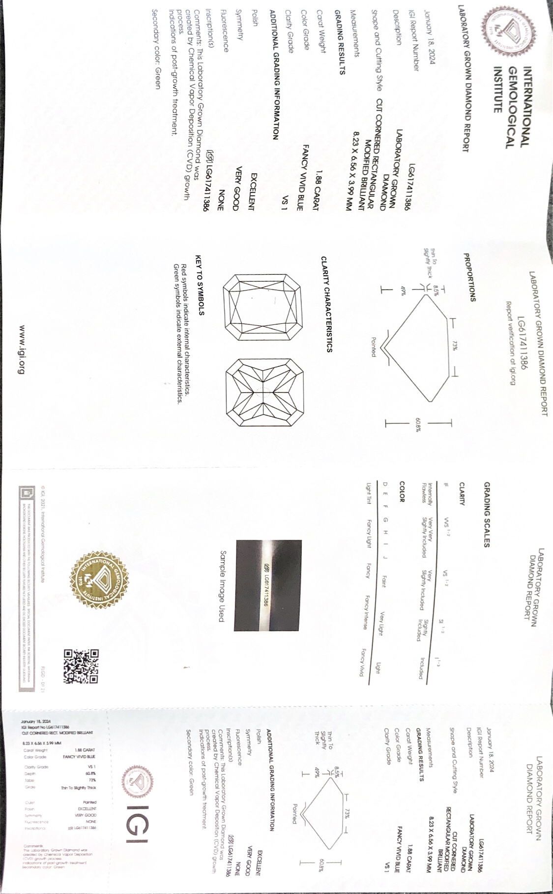 Messi Jewelry Lab Diamond Radiant Cut FANCY VIVID BLUE 1.88CT VS1 CVD LG617411386 7