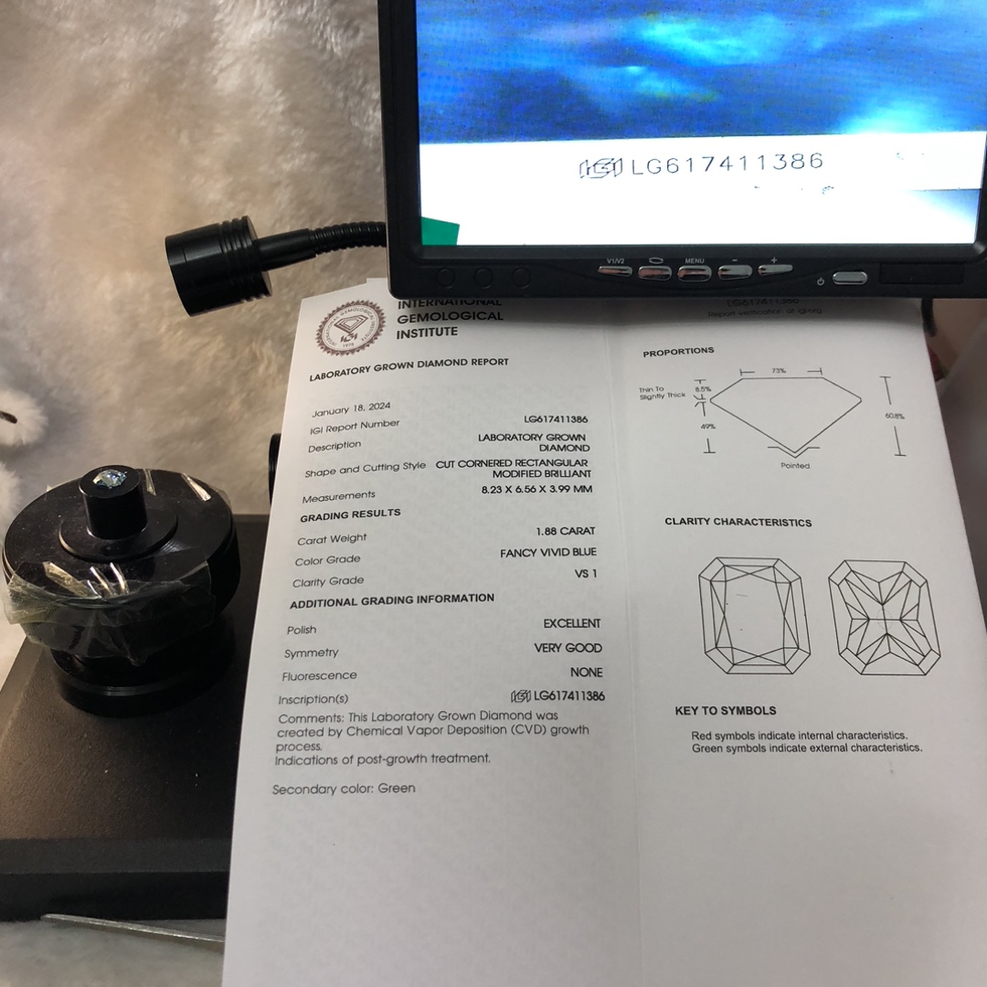 Messi Jewelry Lab Diamond Radiant Cut FANCY VIVID BLUE 1.88CT VS1  CVD LG617411386 11