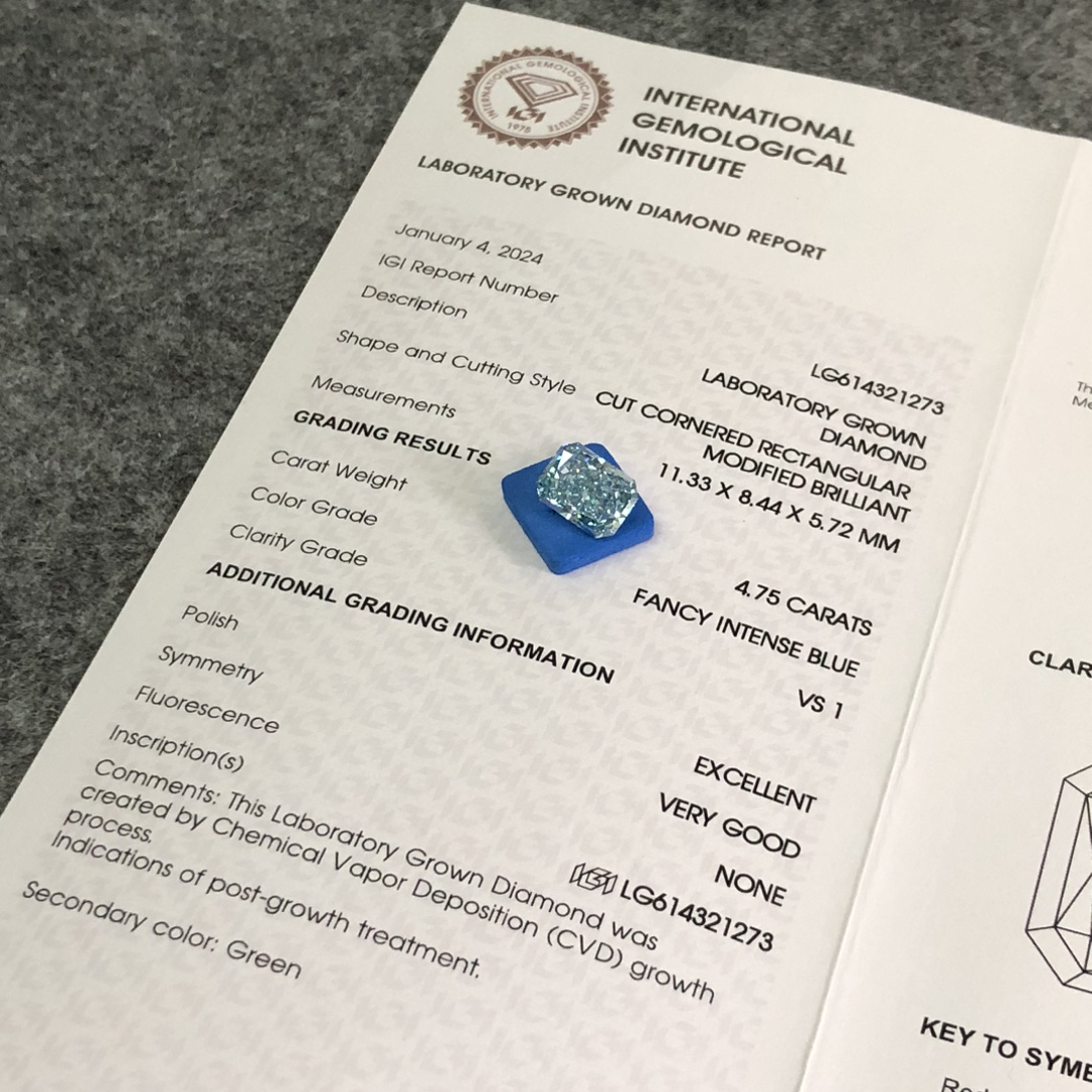 4.75CT CVD Cornered Rectangle Modified Brilliant Fancy Intense Blue Lab Diamond VS1 EX VG LG614321273 7
