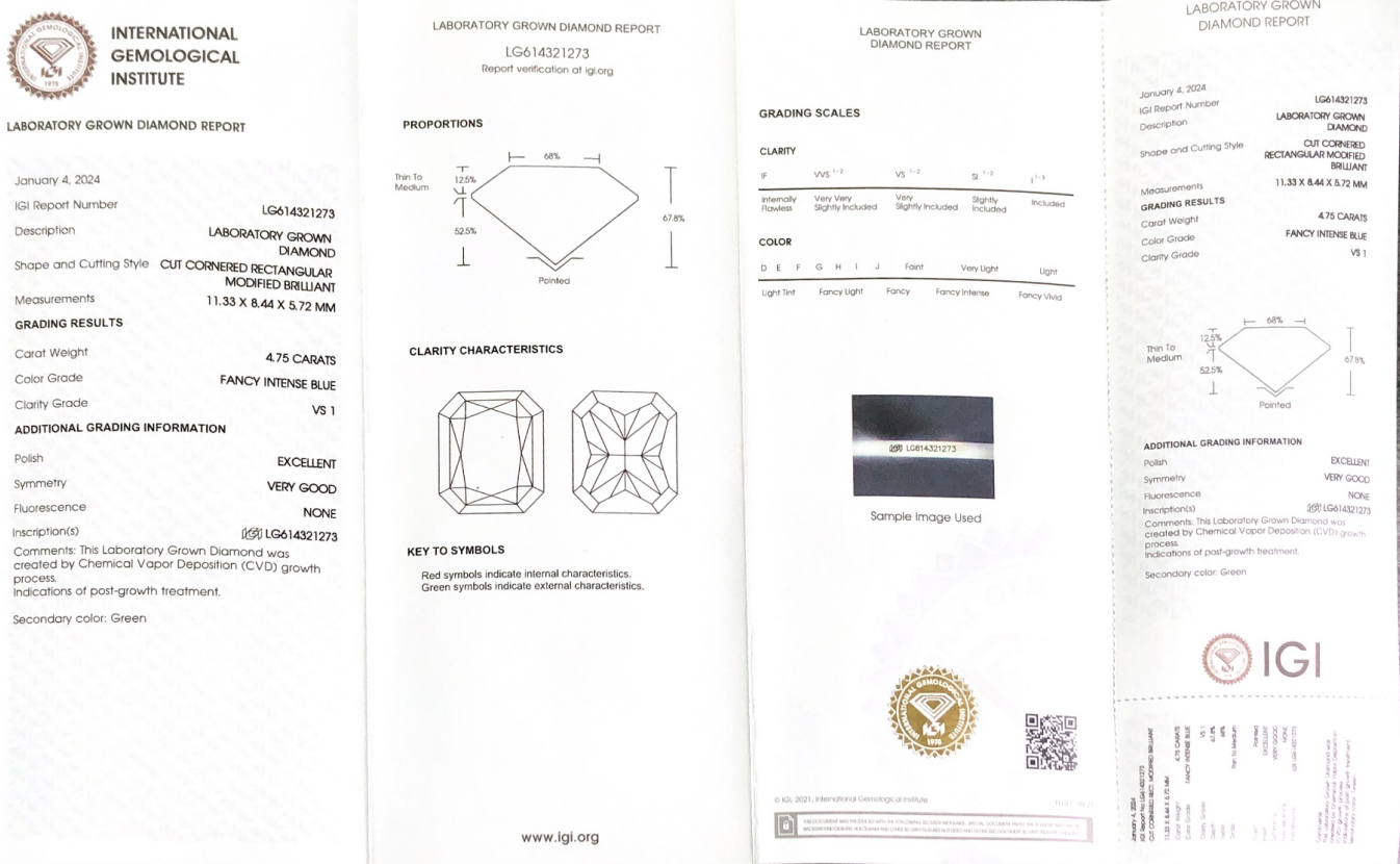 4.75CT CVD Cornered Rectangle Modified Brilliant Fancy Intense Blue Lab Diamond VS1 EX VG LG614321273 8
