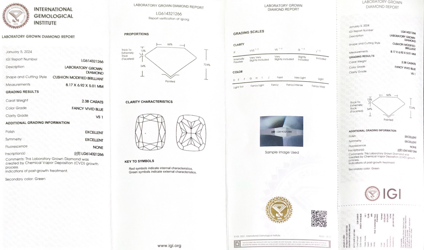 2.38CT Fancy Vivid Blue CVD Cushion Gibag-o nga Brilliant Cut Lab Diamond VS1 EX EX LG614321266 8