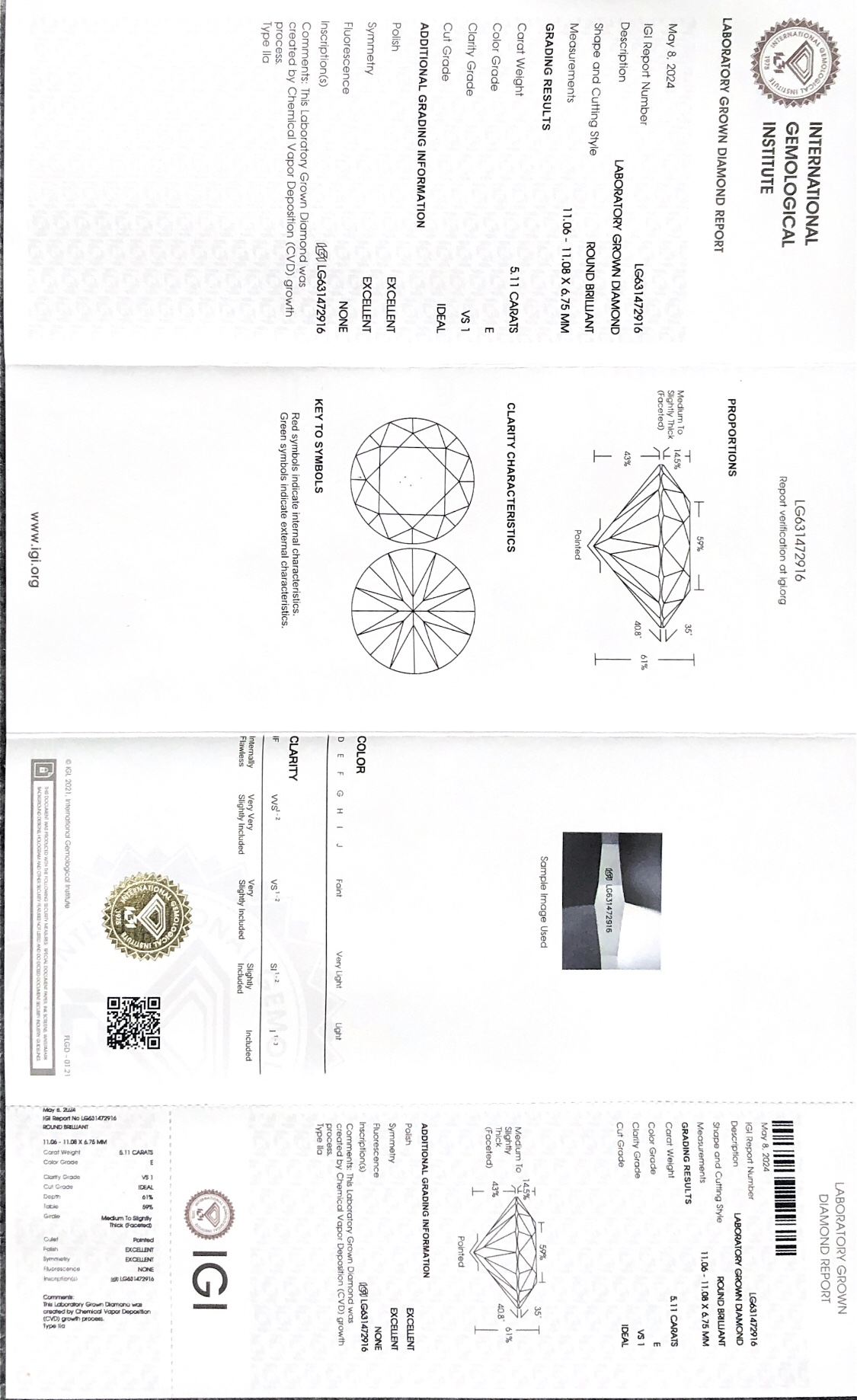 Pusingan Barang Kemas Messi 5.11CT E VS1 ID EX EX CVD Lab Diamond dengan sijil IGI LG631472916 8
