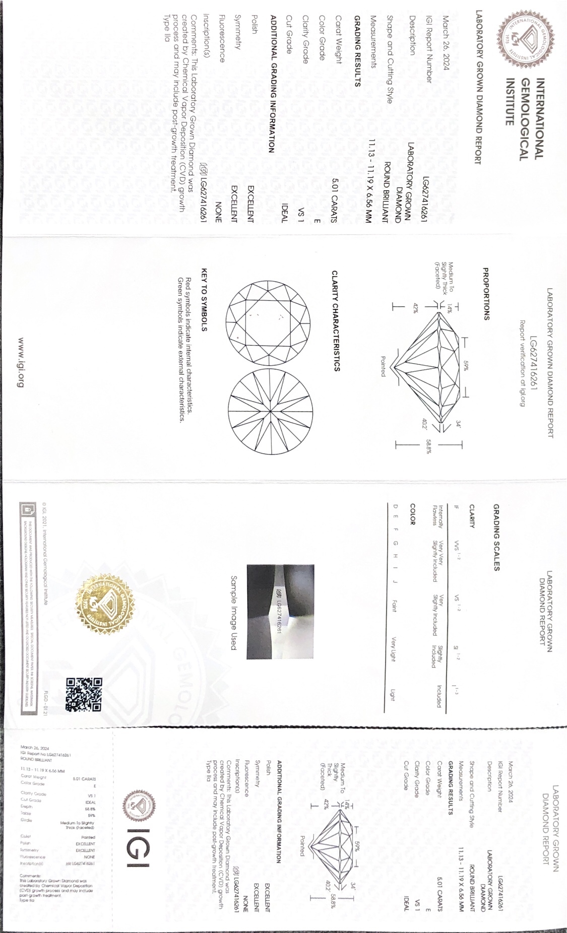 Barang Kemas Messi Bentuk bulat 5.01carat E VS1 ID EX EX CVD Lab Diamond Dengan IGI LG627416261 8