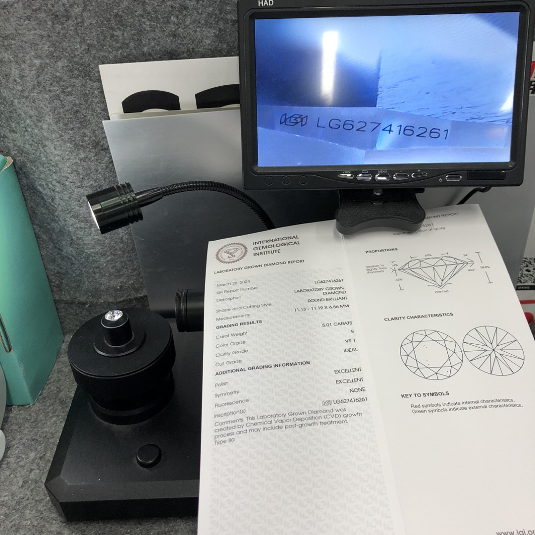 Barang Kemas Messi Bentuk bulat 5.01carat E VS1 ID EX EX CVD Lab Diamond Dengan IGI LG627416261 12