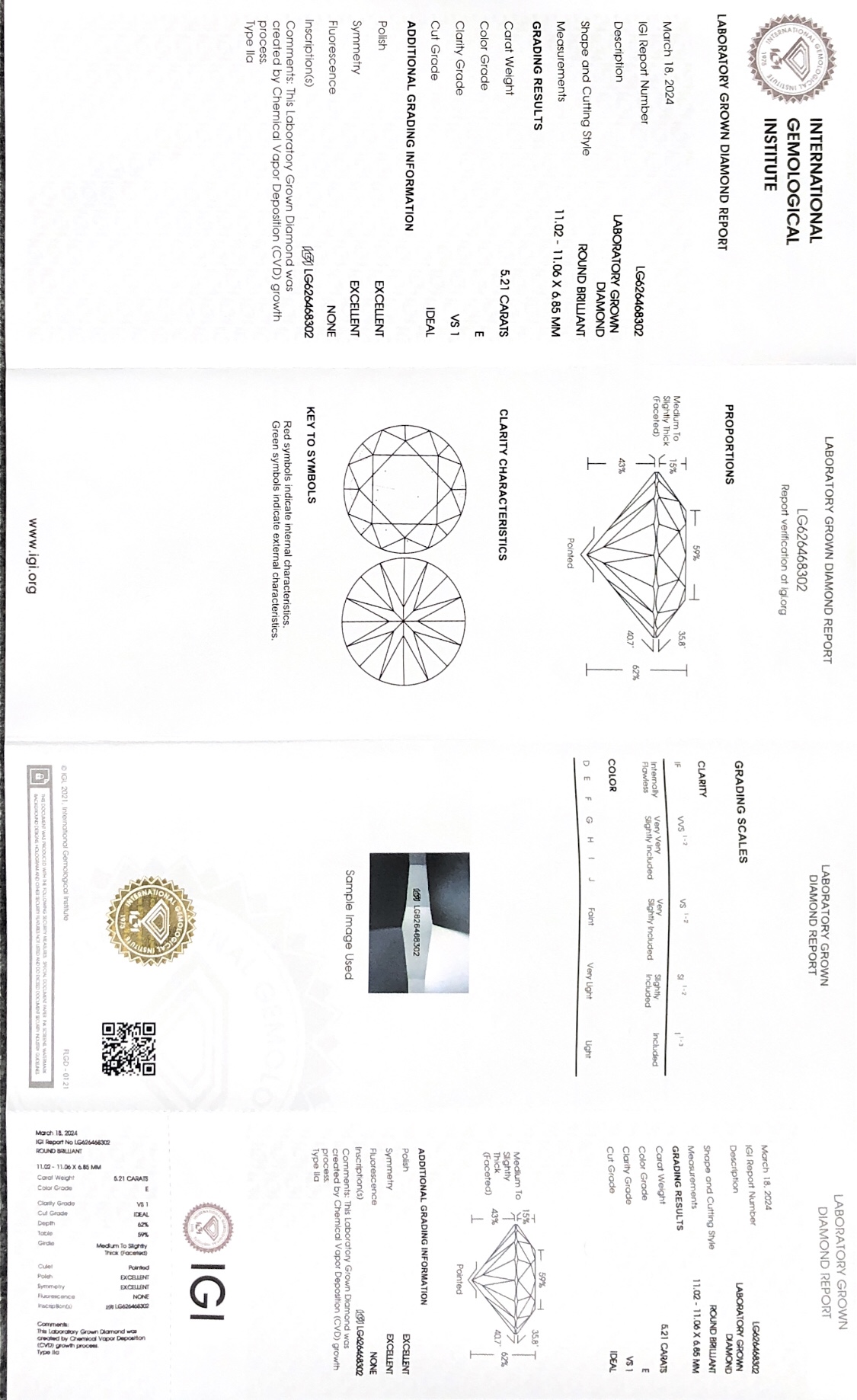 Ang IGI Lab Grown Diamond Round Cut 5.21CT E VS1 ID EX EX CVD LG626468302 8
