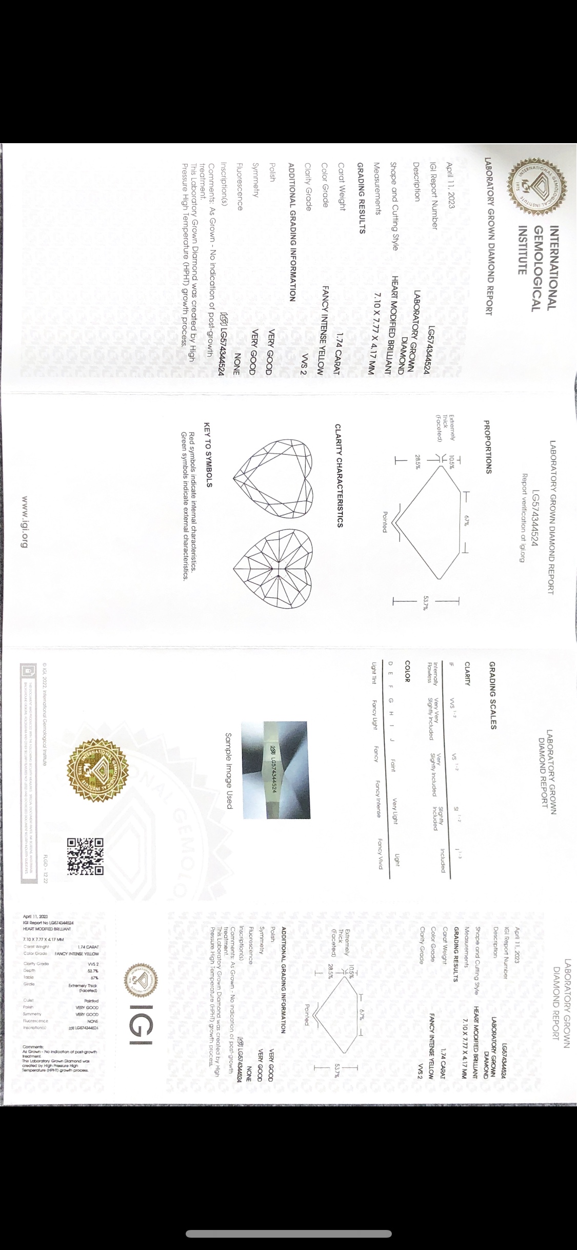 Messi Jewelry Lab Diamond Heart Cut FANCY INTENSE YELLOW 1.74CT VVS2  HPHT LG574344524 7