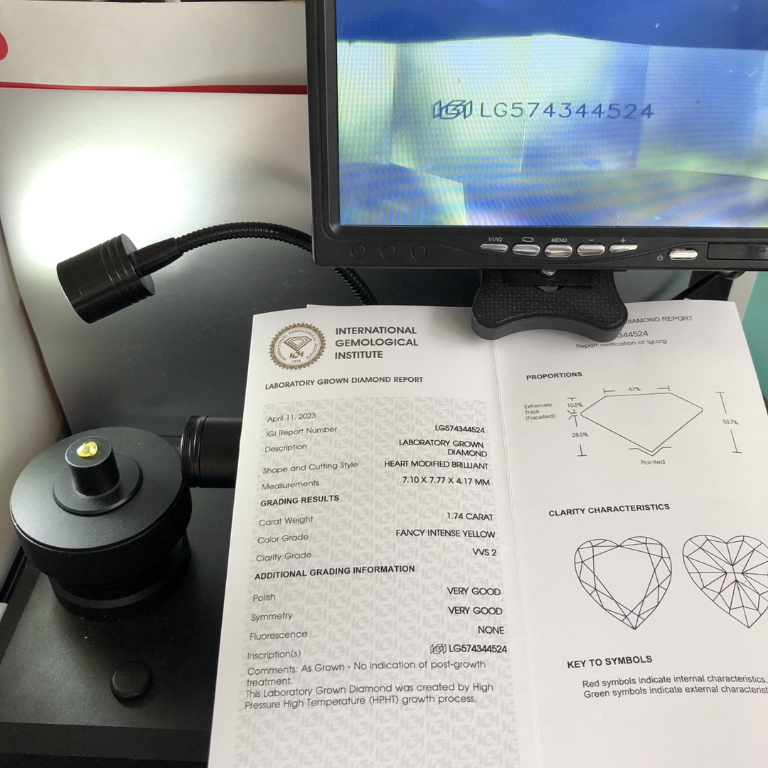 Messi Jewelry Lab Diamond Heart Cut FANCY INTENSE YELLOW 1.74CT VVS2  HPHT LG574344524 11