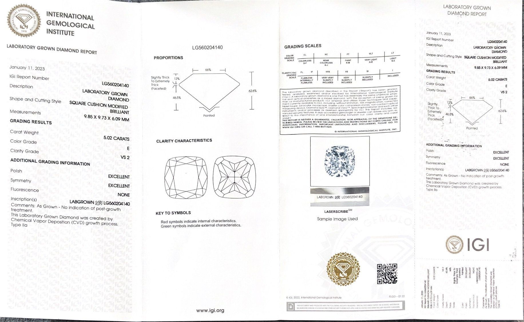 CVD Square Cushion Modified Brilliant Cut Lab Diamond 5.02CT E VS2 EX EX LG560204140 | Messi Alahas 7