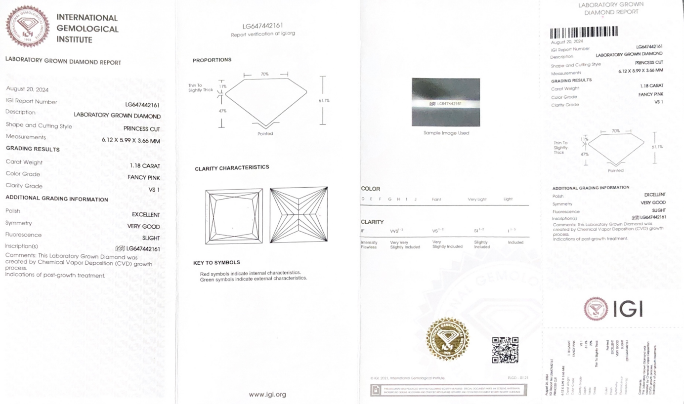 Quality SQ FANCY PINK 1.18CT VS1 EX VG CVD Lab Diamond For Jewelry LG647442161 | Messi Jewelry 7