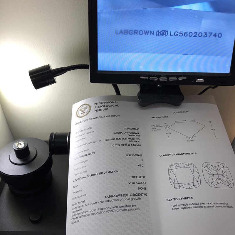 MESSI Lab Grown Diamond IGI CVD LG560203740 SQUARE CUSHIONMODIFIED BRILLIANT 5.97CT F VS2 EX VG 17