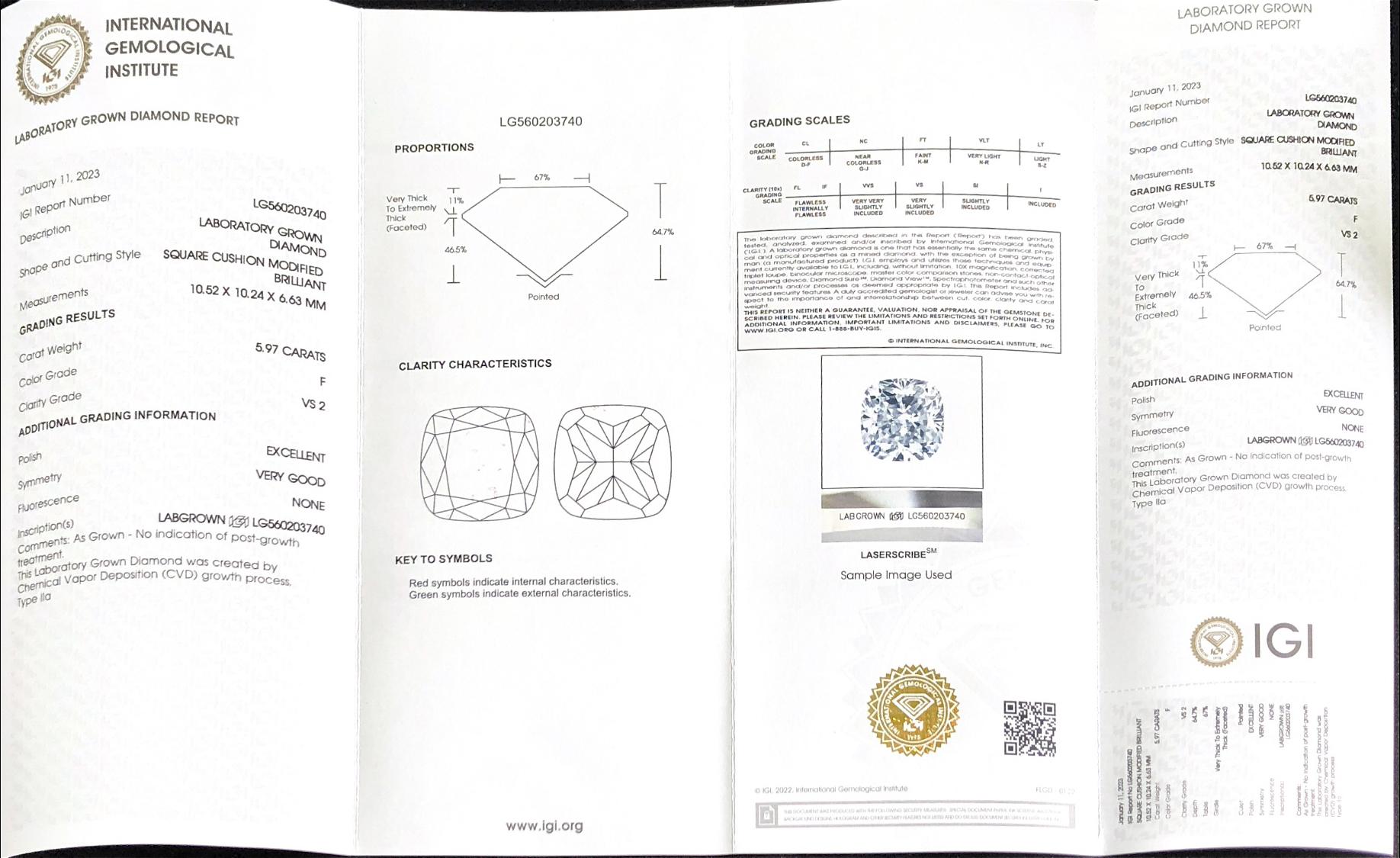 MESSI Lab Grown Diamond IGI CVD LG560203740 SQUARE CUSHIONMODIFIED BRILLIANT 5.97CT F VS2 EX VG 13