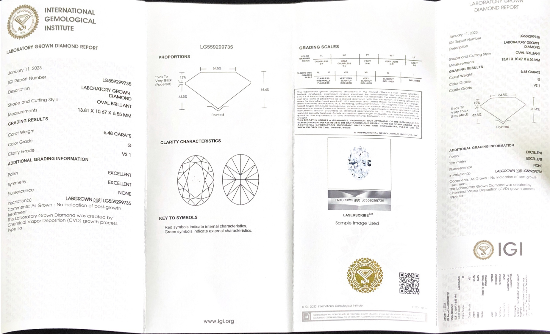 Lab Grown Diamond IGI OV 6.48CT G S1 EX EX CVD LG559299735 8