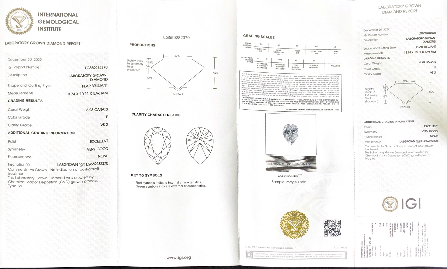 Lab Grown Diamond IGI CVD LG559282370 PEAR 5.23CT F VS2 EX VG 8
