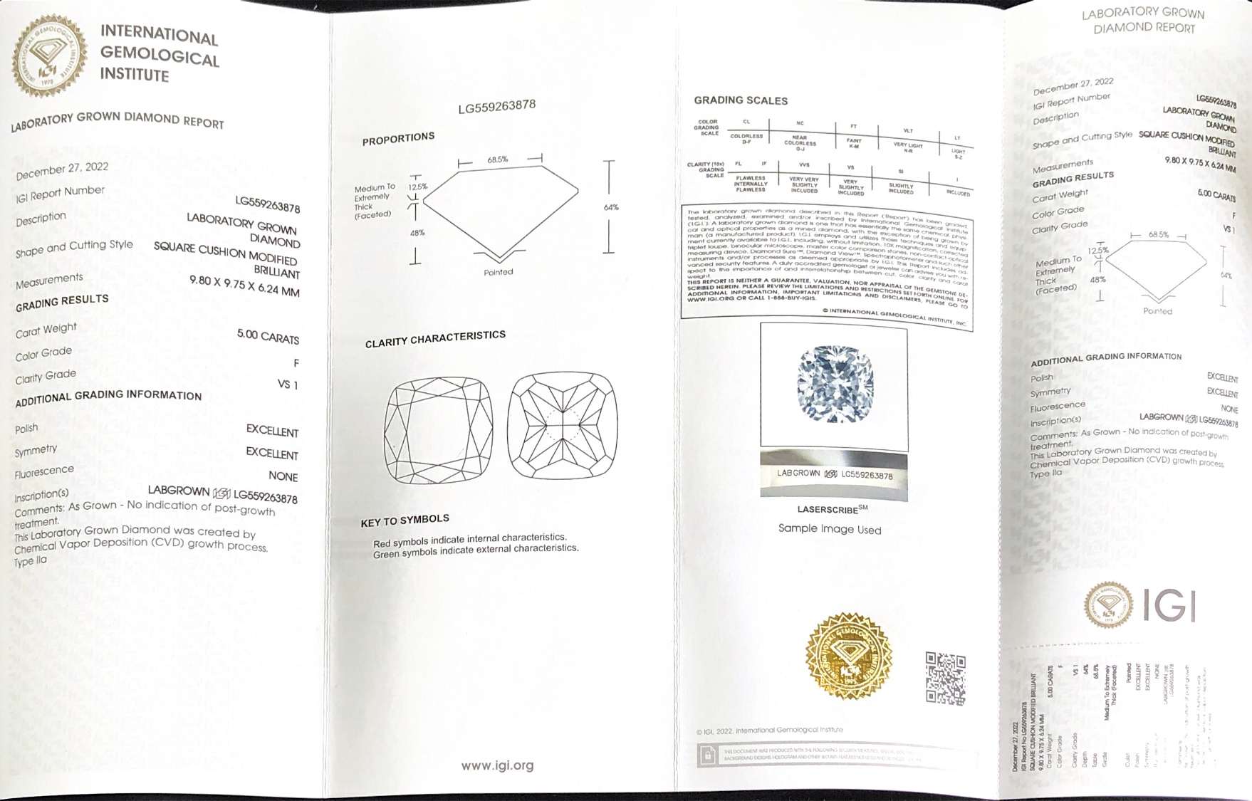 IGI Lab Grown Diamond CVD LG559263878 SQUARE CUSHION MODIFIED BRILLIANT 5.00CT F VS1 2EX 8