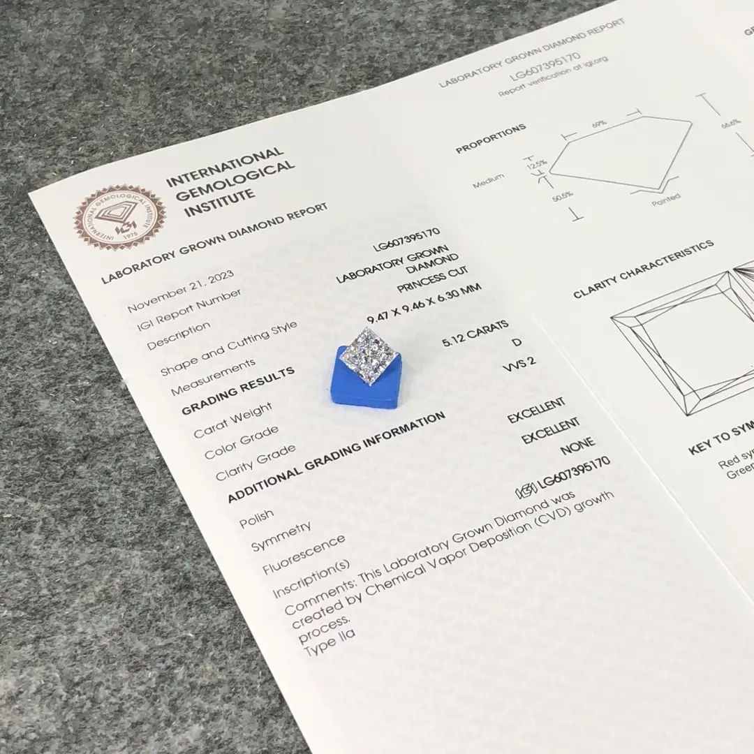 Lab Diamond Princess Cut 5.12CT D VVS2 CVD - Messi Jewelry 5