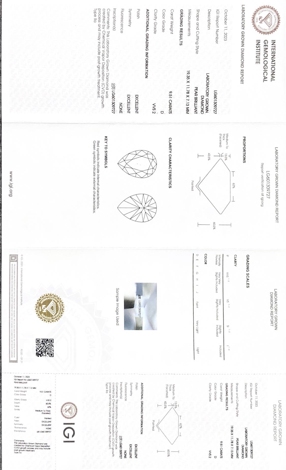 Messi Alahas Lab Diamond PEAR9.51CT D VVS2 EX EX CVD LG601309727 7