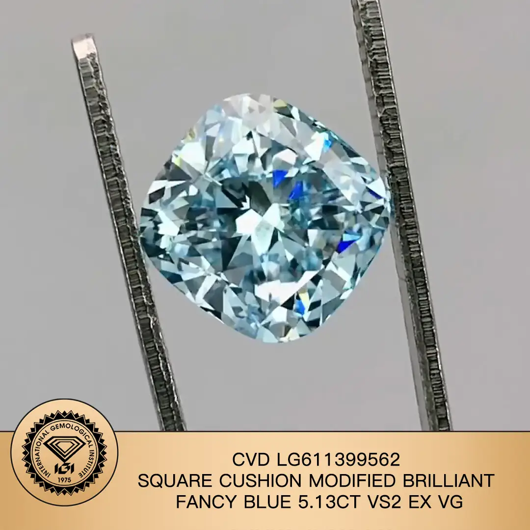 IGI LAB DIAMOND CVD LG611399562 SQUARE CUSHION MODIFIED BRILLANT FANCY BLUE 5.13CT VS2 EX VG 1