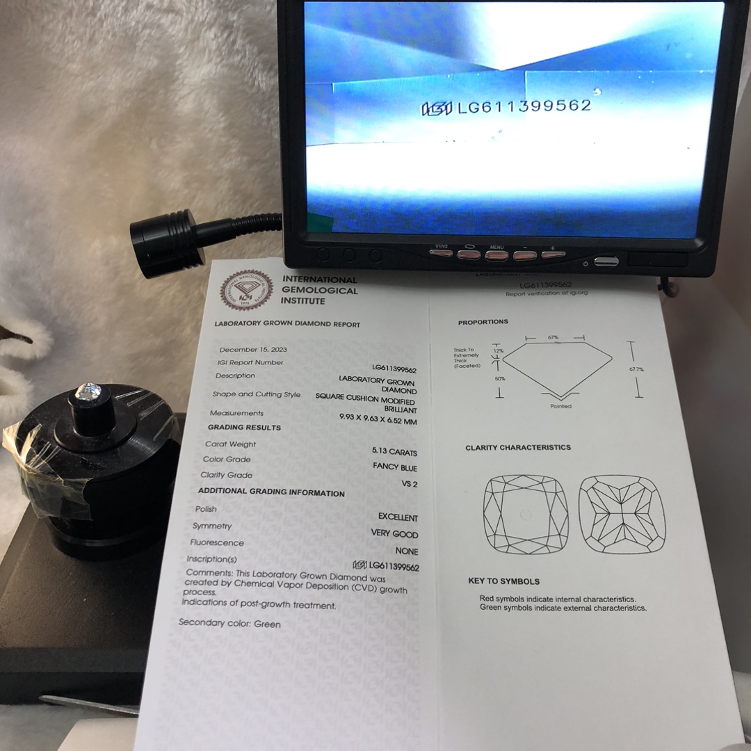 IGI LAB DIAMOND CVD LG611399562 SQUARE CUSHION MODIFIED BRILLANT FANCY BLUE 5.13CT VS2 EX VG 12