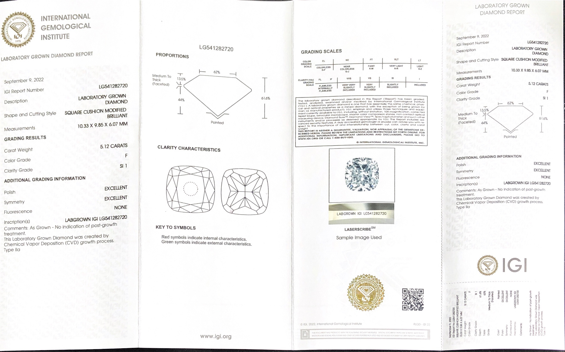 Lab Grown Diamond IGI CVD LG541282720 SQUARE CUSHION MODIFIED BRILLIANT 5.12CT F SI1 EX EX 7