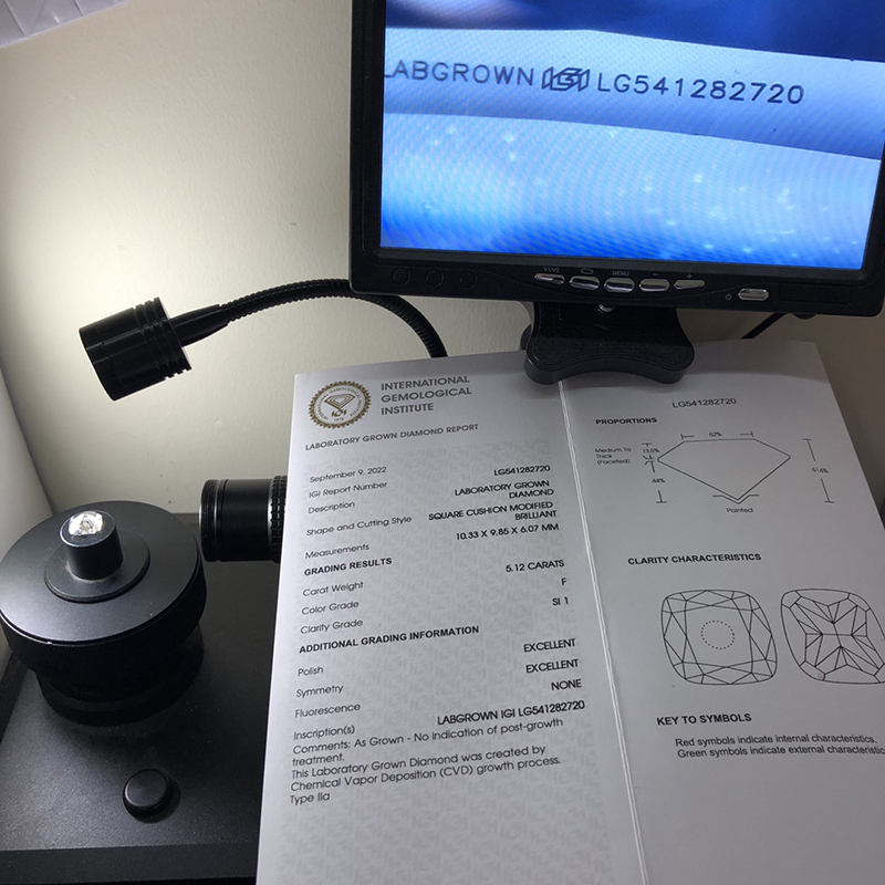 Lab Grown Diamond IGI CVD LG541282720 SQUARE CUSHION MODIFIED BRILLIANT 5.12CT F SI1 EX EX 11