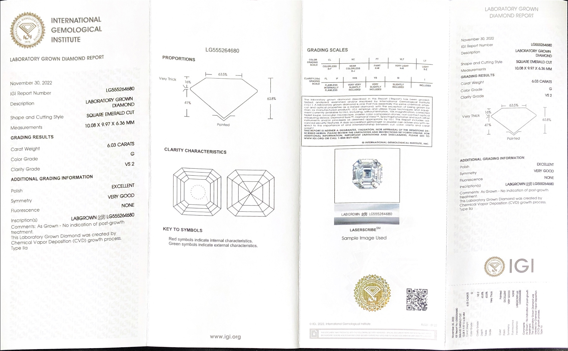 CVD Square Emerald Cut Lab Grown Diamond 6.03CT  G  VS2  EX VG LG555264680 | Messi Jewelry 8