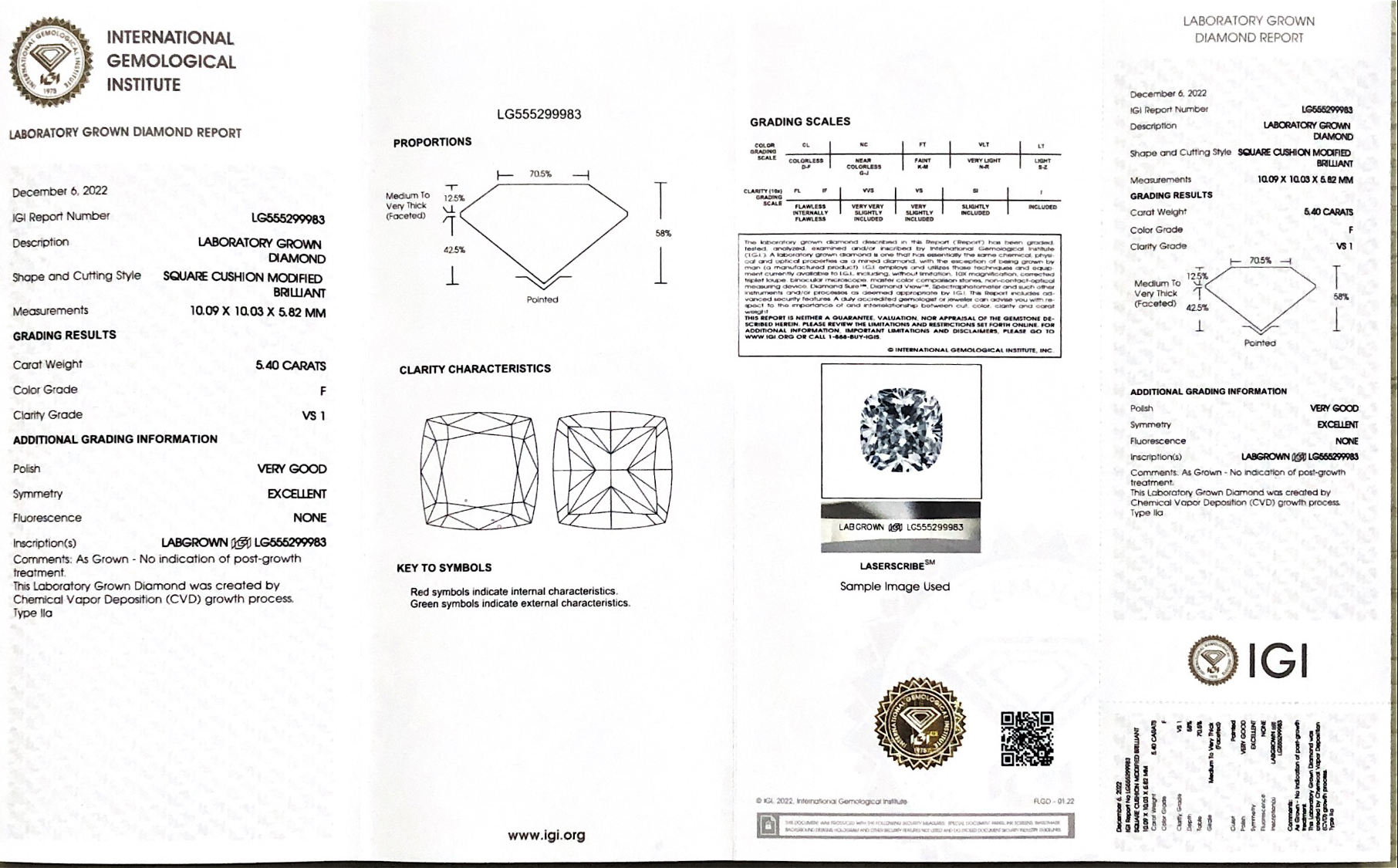 CVD Lab Grown Diamond Square Cushion Modified Brilliant 5.40CT  F  VS1  VG EX LG555299983 | Messi Jewelry 9