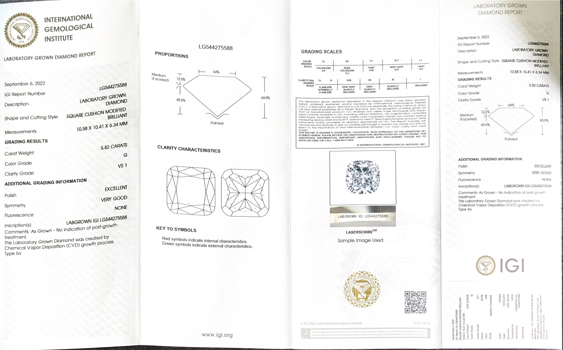 Lab Grown Diamond IGI CVD LG544275588 SQUARE CUSHION MODIFIED 5.82CT G VS1 EX VG 8