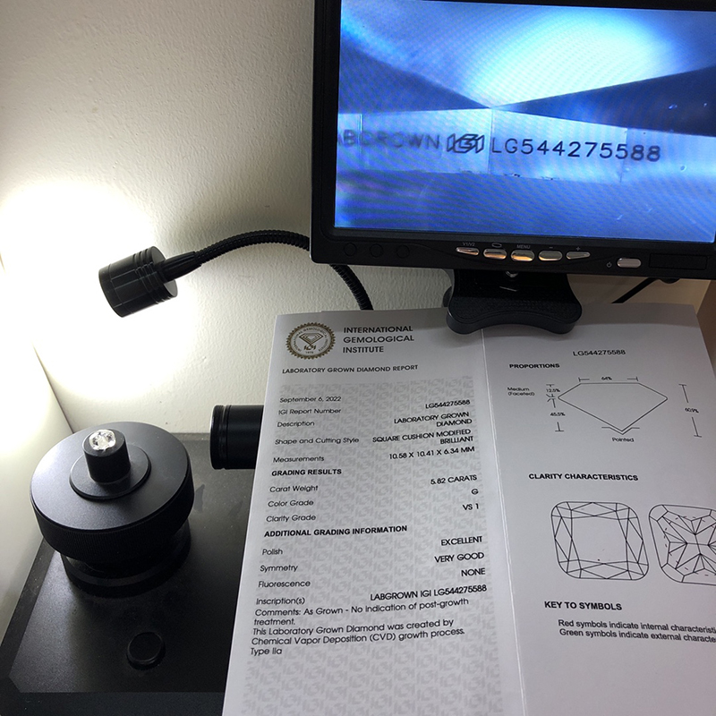 Lab Grown Diamond IGI CVD LG544275588 SQUARE CUSHION MODIFIED 5.82CT G VS1 EX VG 12