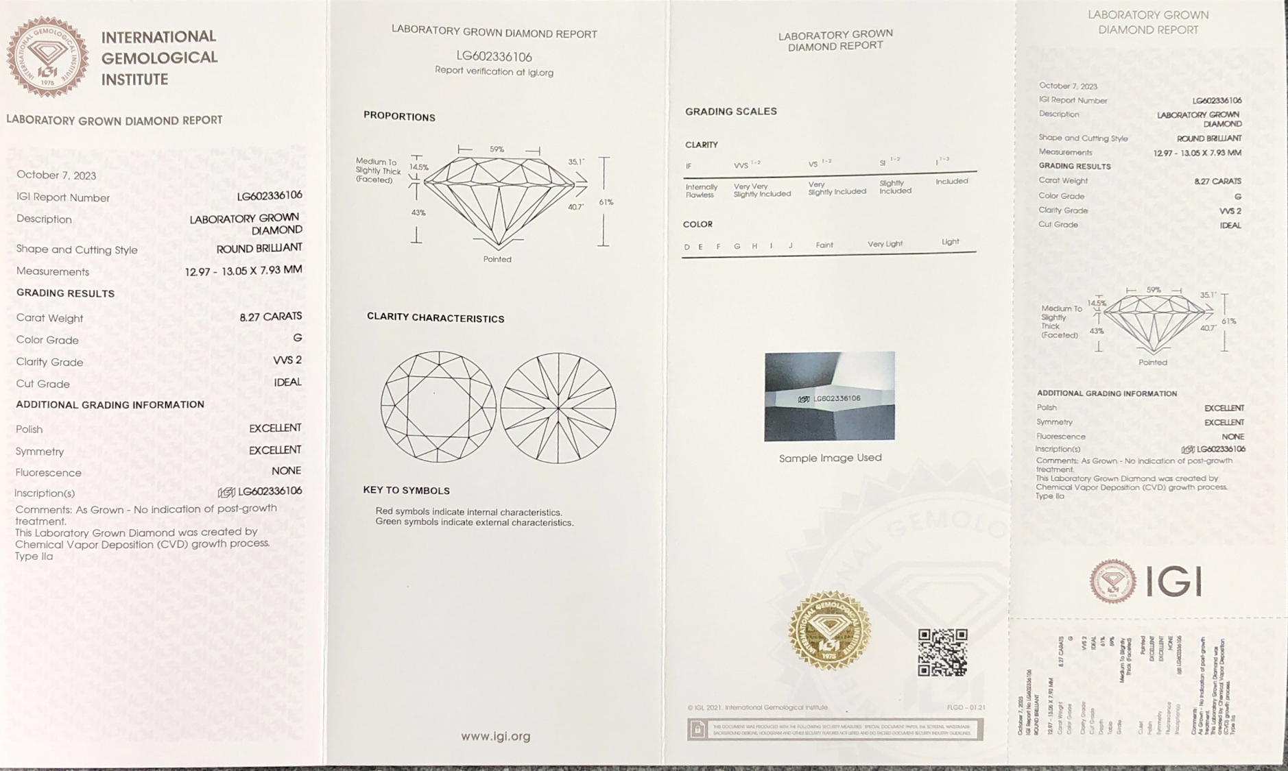 Lab Grown Diamond CVD H-LG0955 8.27CT G VVS2 5EX 8