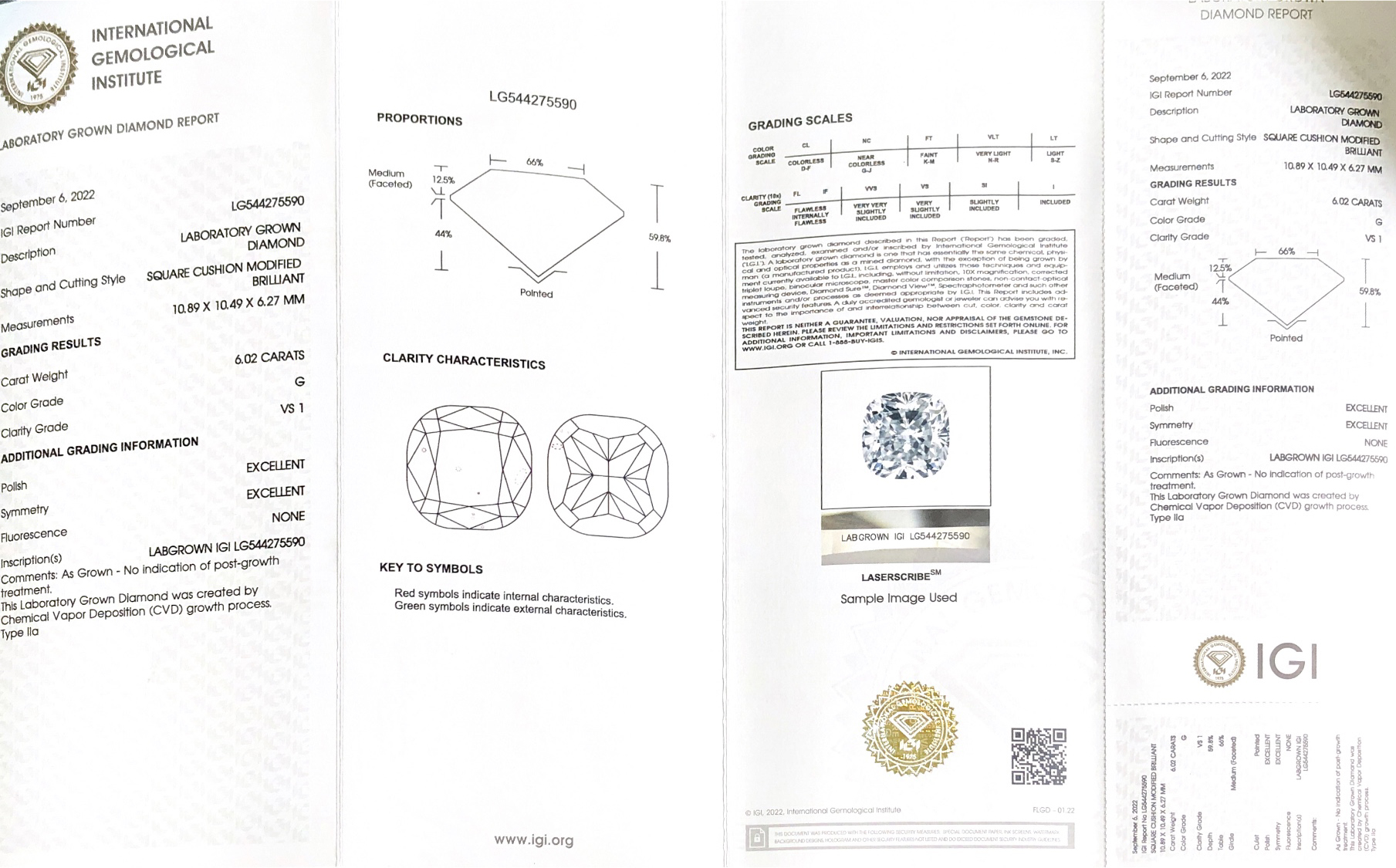 Customize Square Cushion Modified 6.02carat G VS1 EX EX Lab Diamond LG544275590 8