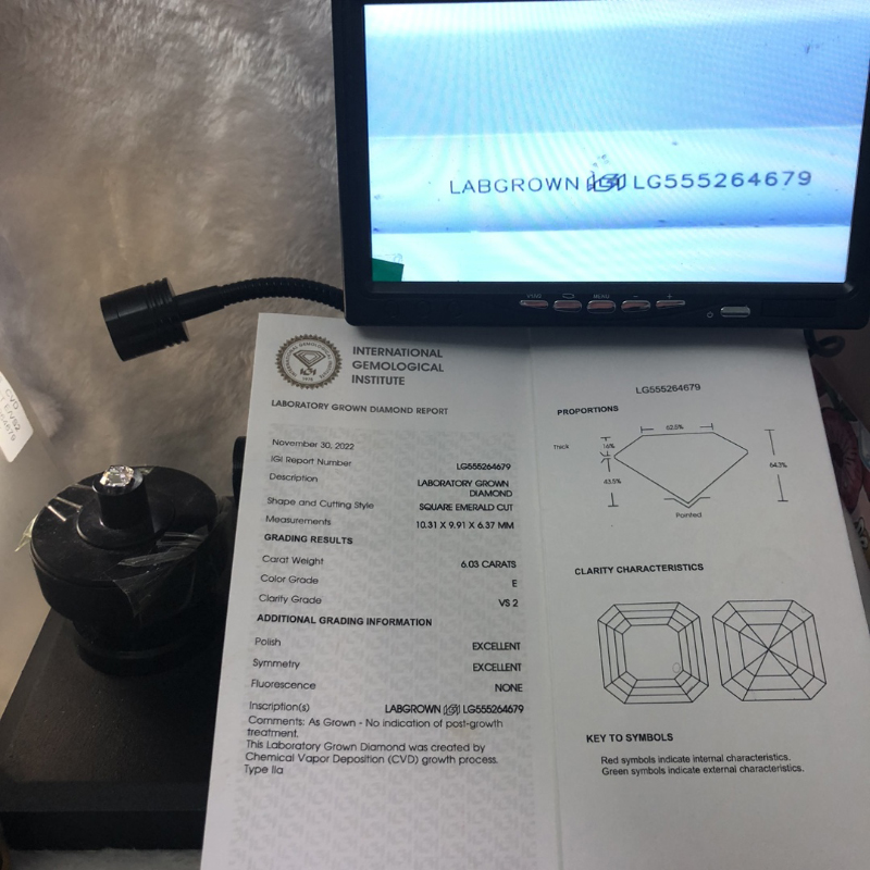 Messi Jewelry LAB DIAMOND SQUARE CUSHION MODIFIED BRILLIANT6.03CT  E  VS2  EX EX CVD  LG555264679 11