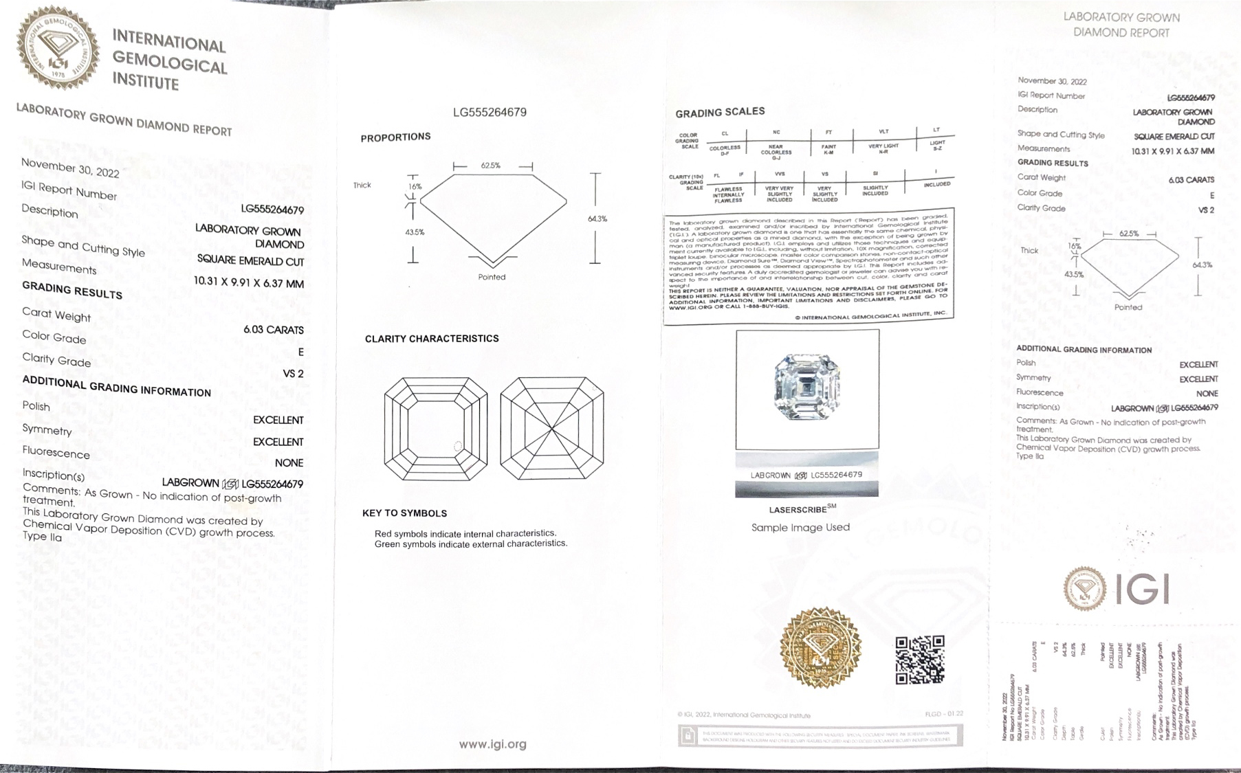 Messi Jewelry LAB DIAMOND SQUARE CUSHION MODIFIED BRILLIANT6.03CT  E  VS2  EX EX CVD  LG555264679 7