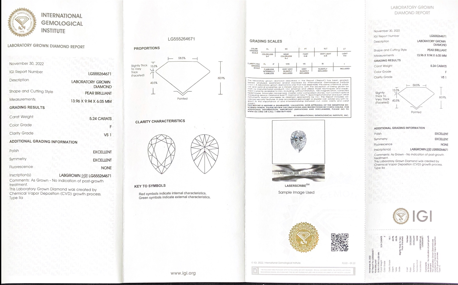 Messi Alahas PEAR 5.24CT F VS1 2EX CVD LG555264671 LAB DIAMOND 7