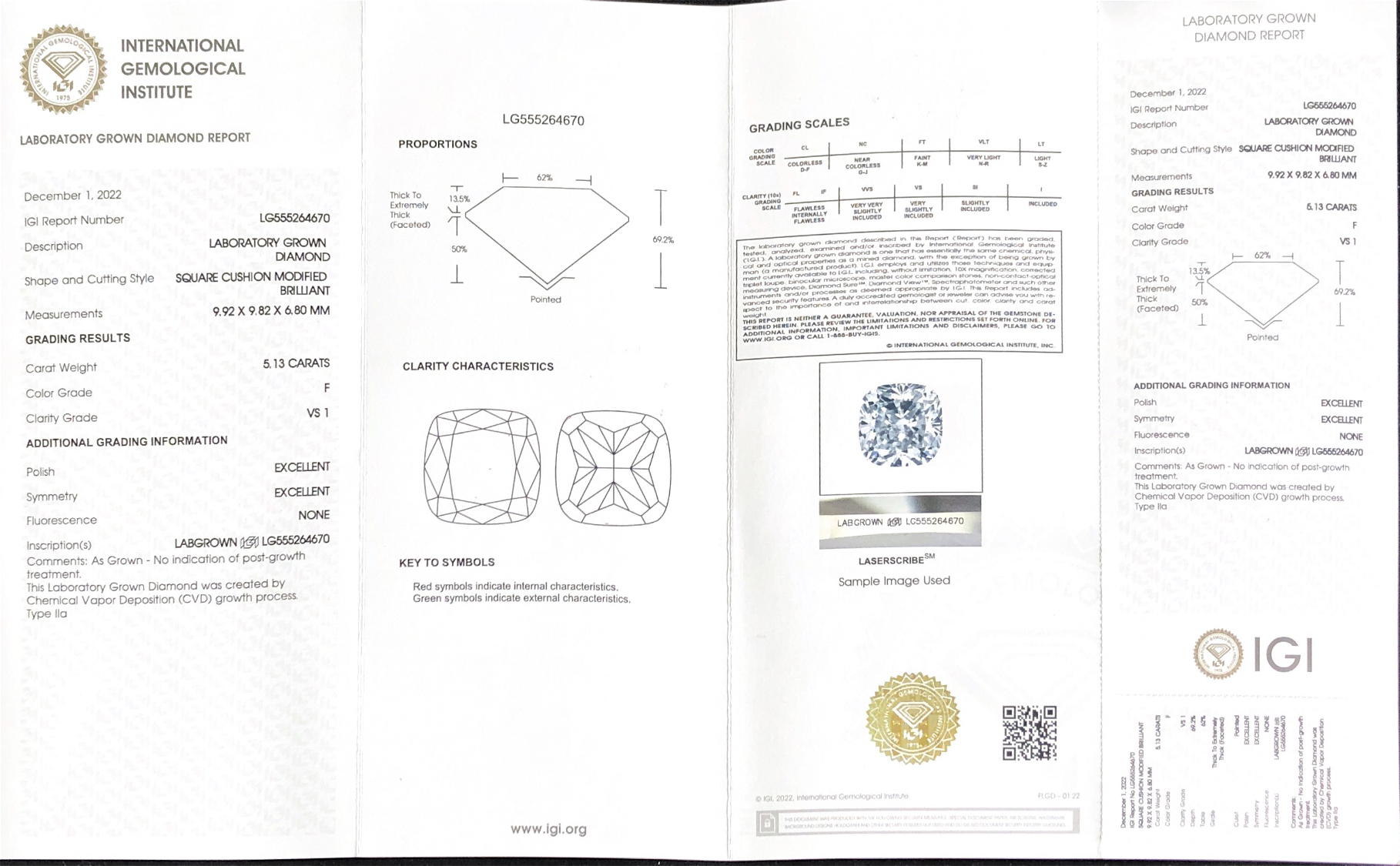 Messi Jewelry SQUARE CUSHION MODIFIED BRILLIANT5.13CT  F  VS1  2EX LAB DIAMOND  LG555264670 7