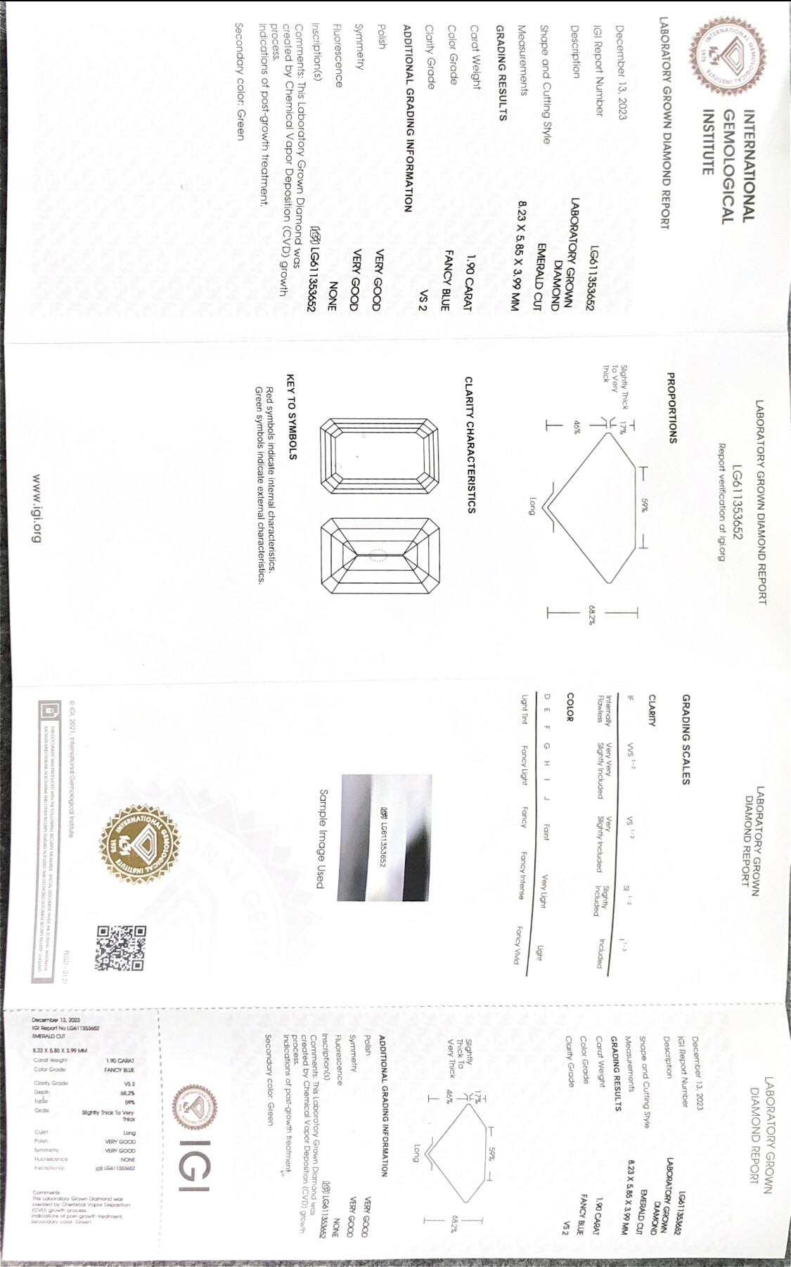 IGI Lab Grown Diamond CVD LG611353652 EMFANCY BLUE 1.90CT VS2 VG VG 8
