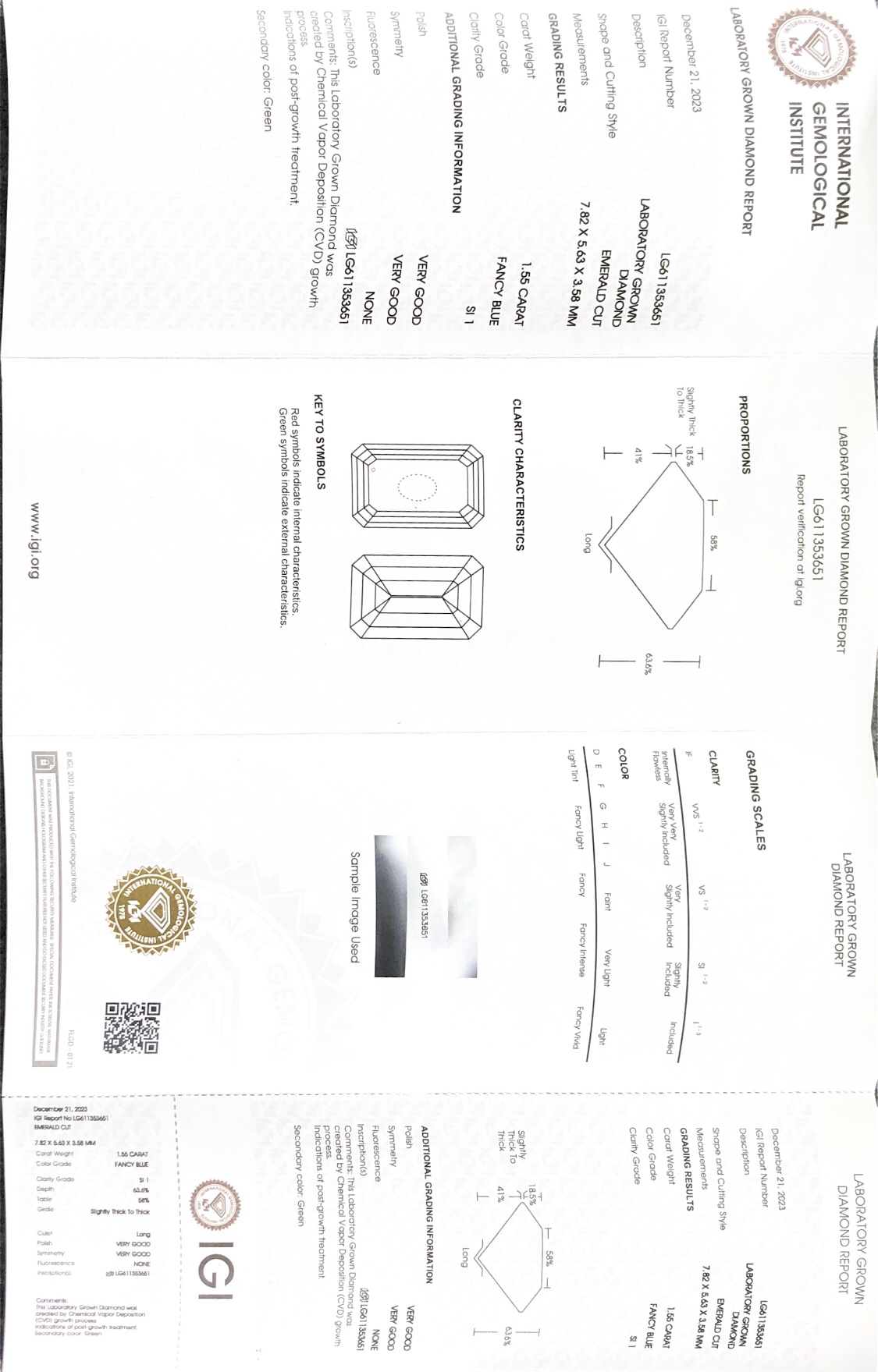 CVD Fancy Blue Emerald Cut 1.55CT SI1 VG VG Lab Diamond nga adunay IGI certificaten LG611353651 8