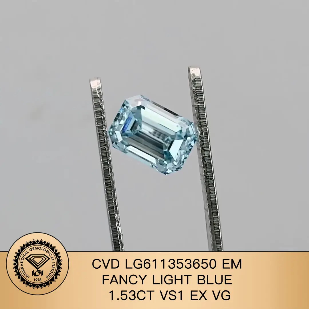 Messi Jewelry Emerald Fancy Light Blue 1.53ct VS1 Lab Diamond Cvd LG611353650 EX VG 1