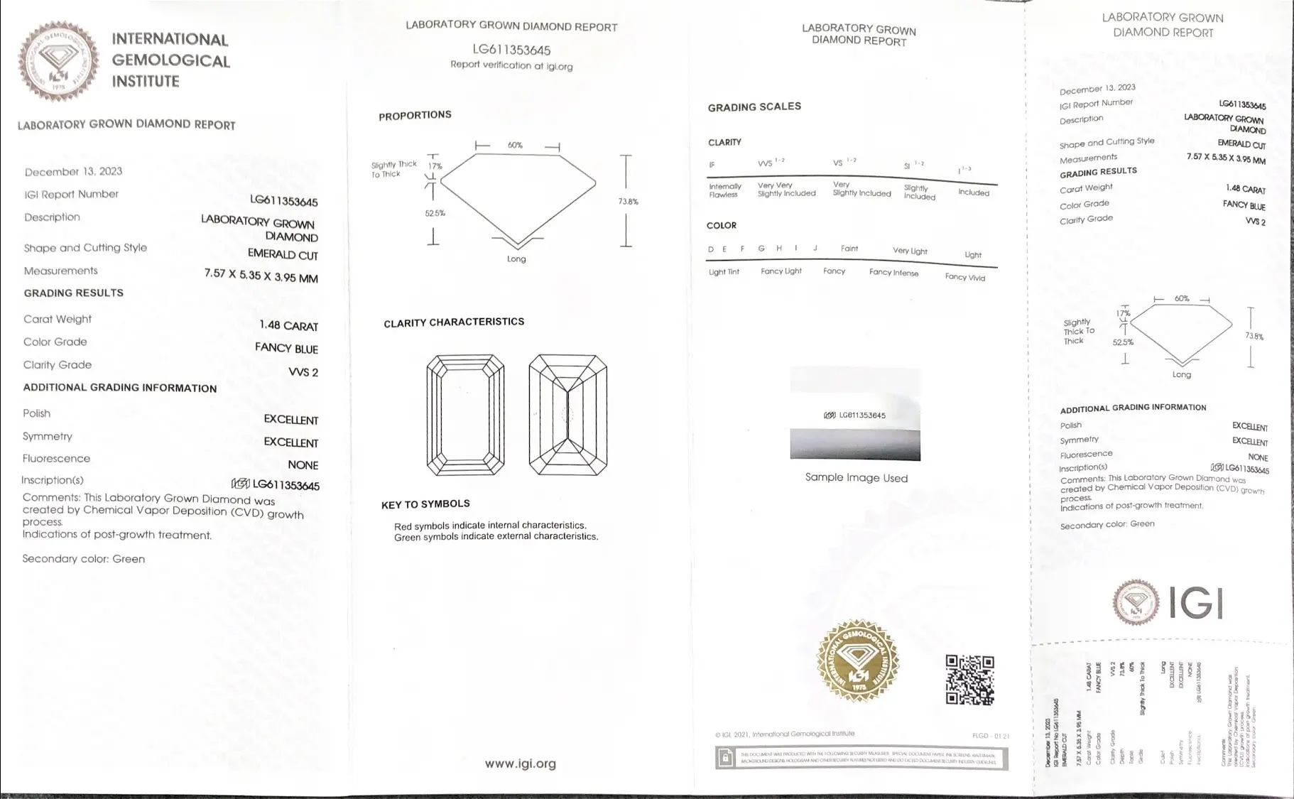 Custom Cut 1.48CT Emerald Lab Diamond - IGI Certified
 2
