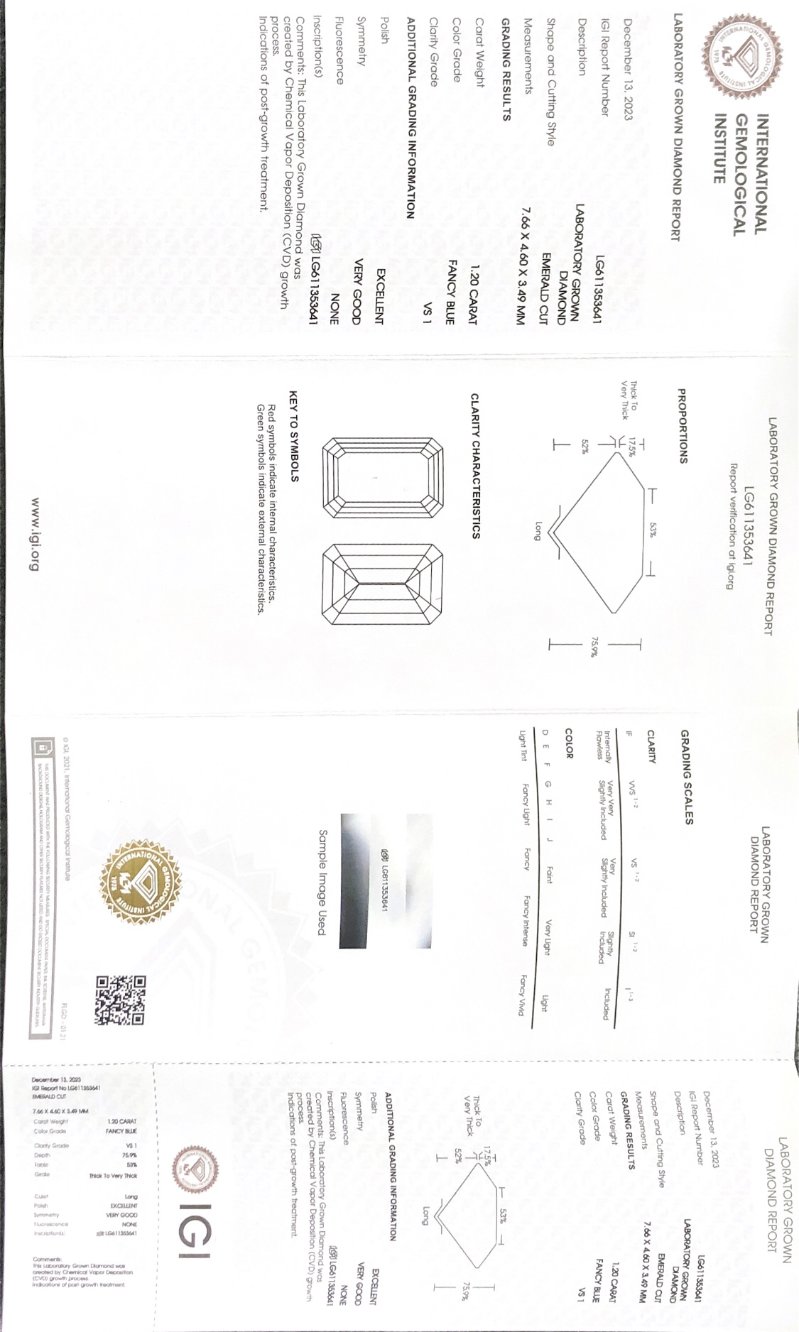 EMERALD1.20CT CVD LAB DIAMOND FANCY BLUE VS1 EX VG LG611353641 8