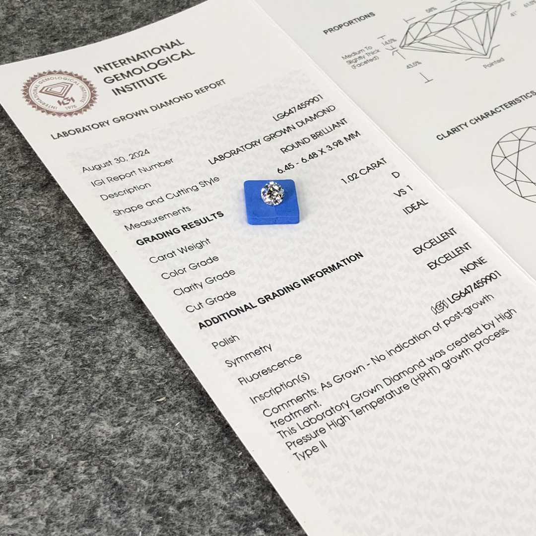 Berkualiti HPHT LG647459901 1.02CT D VS1 ID EX EX Lab Diamond Untuk Barang Kemas | Barang Kemas Messi 7