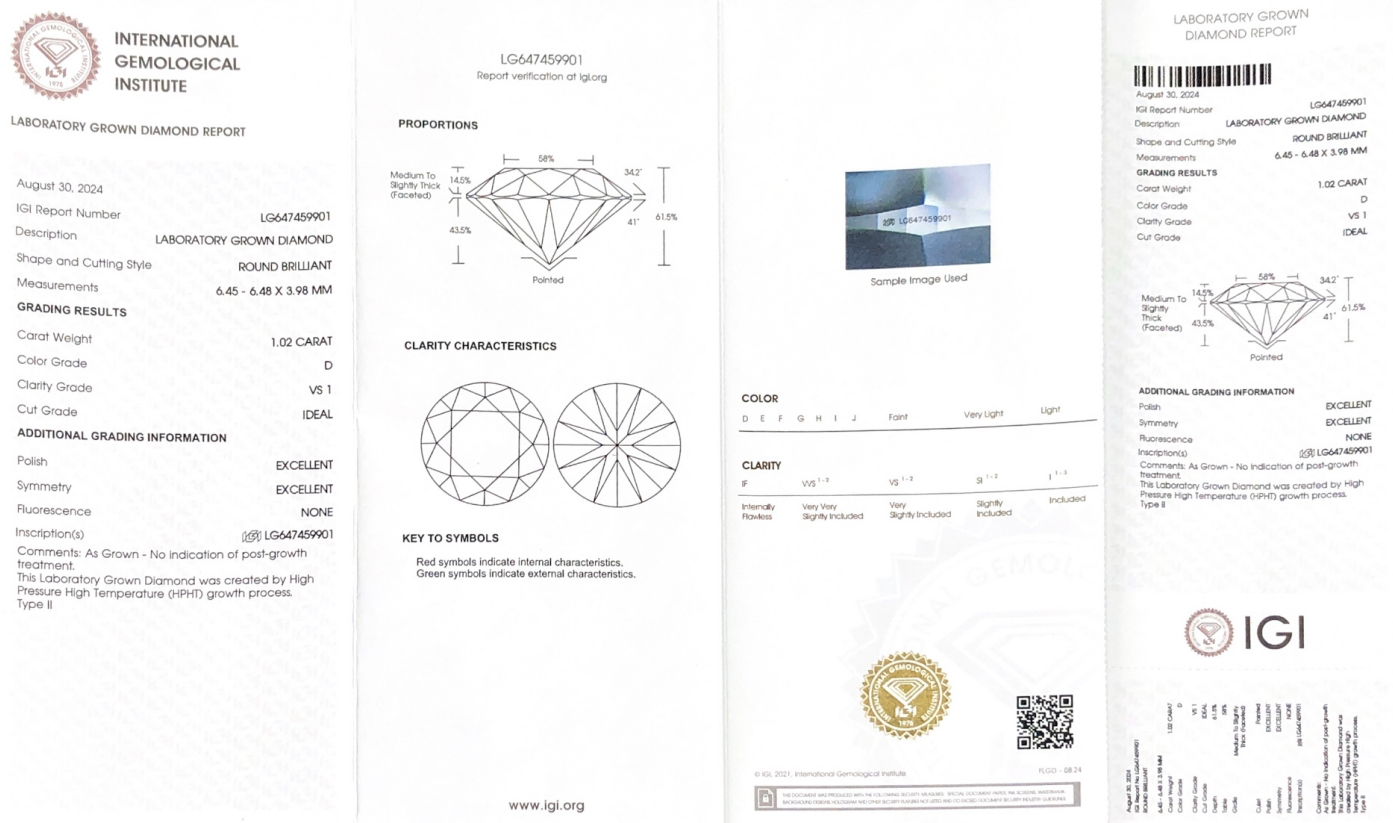 Berkualiti HPHT LG647459901 1.02CT D VS1 ID EX EX Lab Diamond Untuk Barang Kemas | Barang Kemas Messi 8