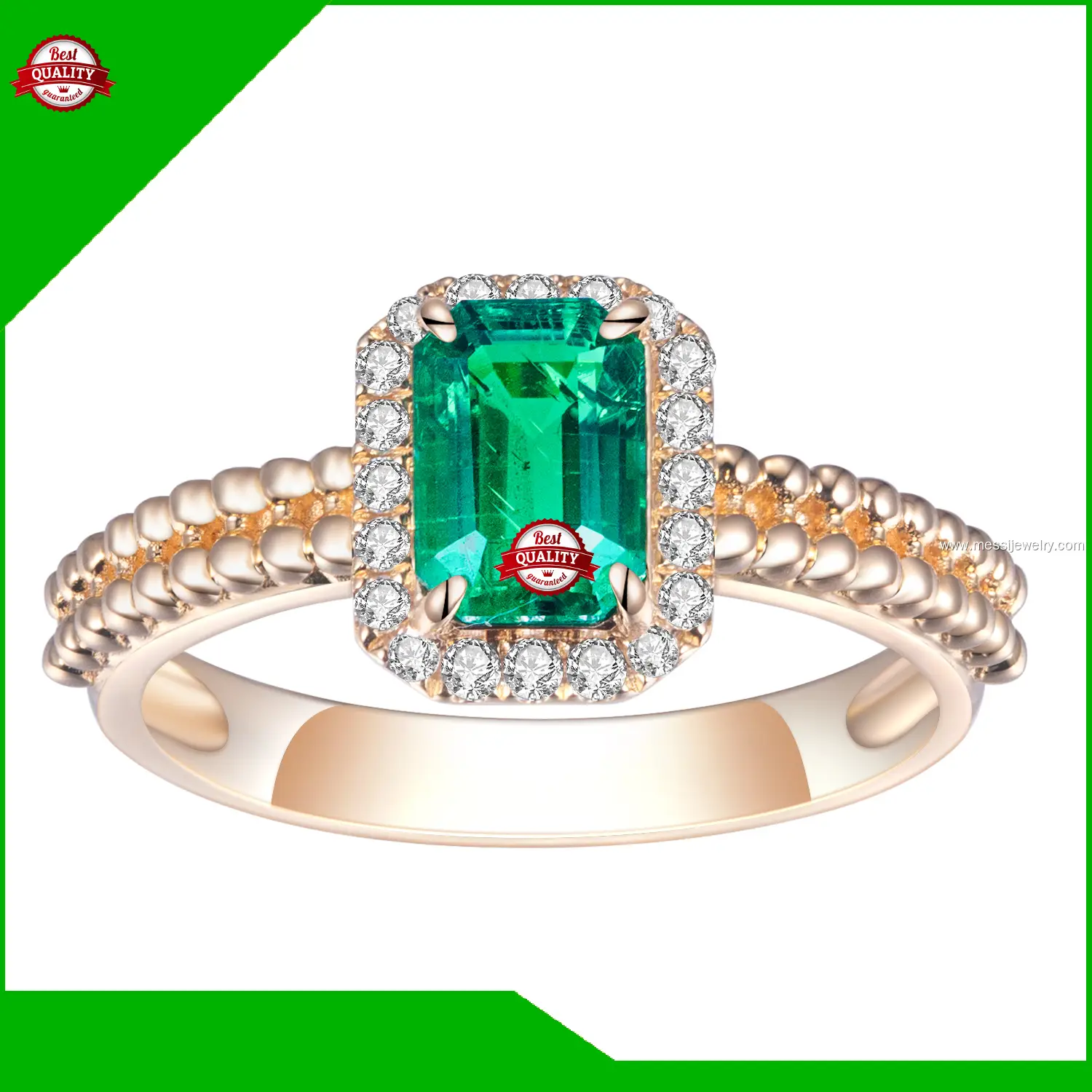 Messi Jewelry 18K Yellow Gold Lab Grown Emerald Halo Ring 1